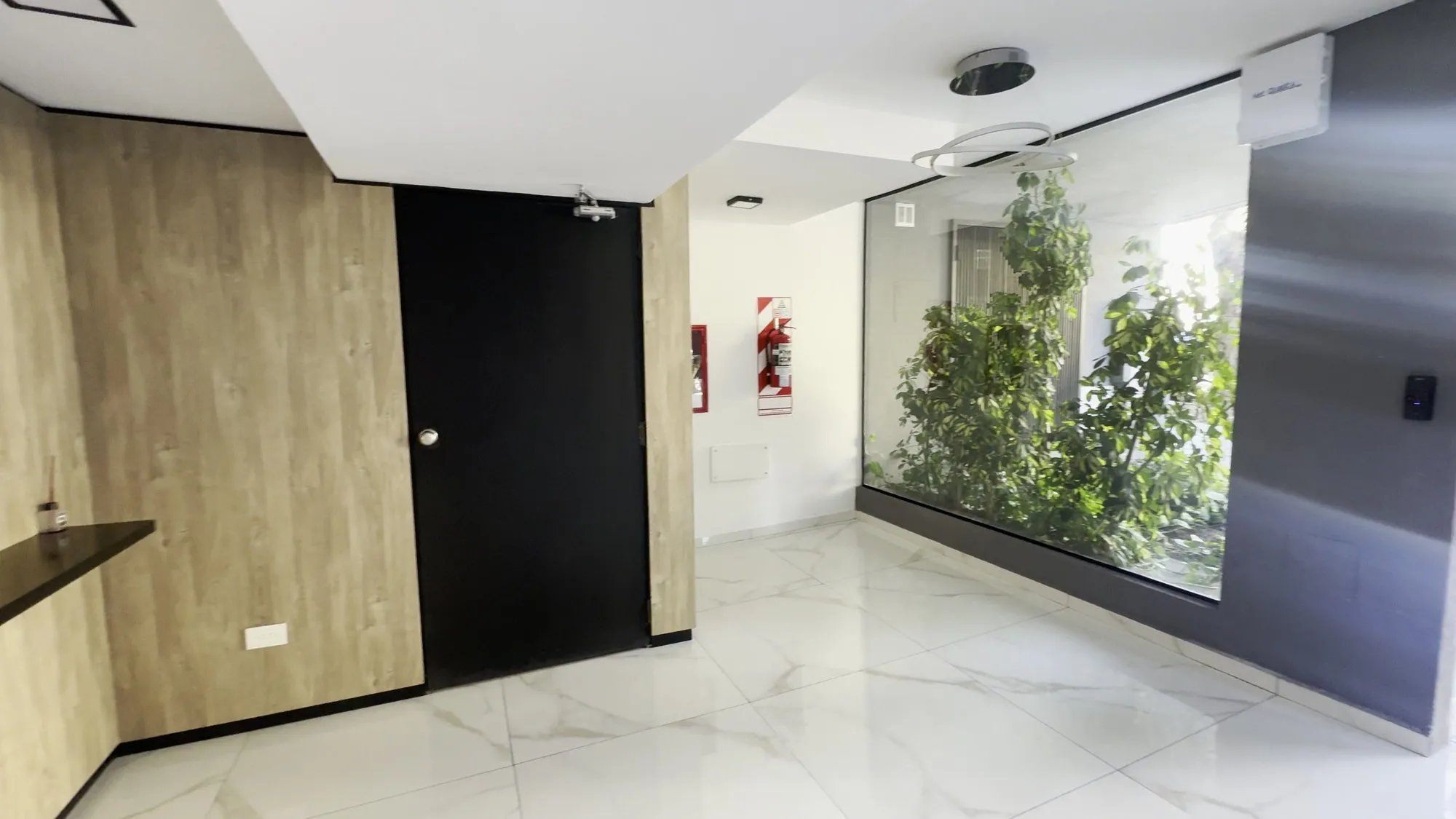 Hall de acceso con pared verde y piso de porcelanato símil mármol