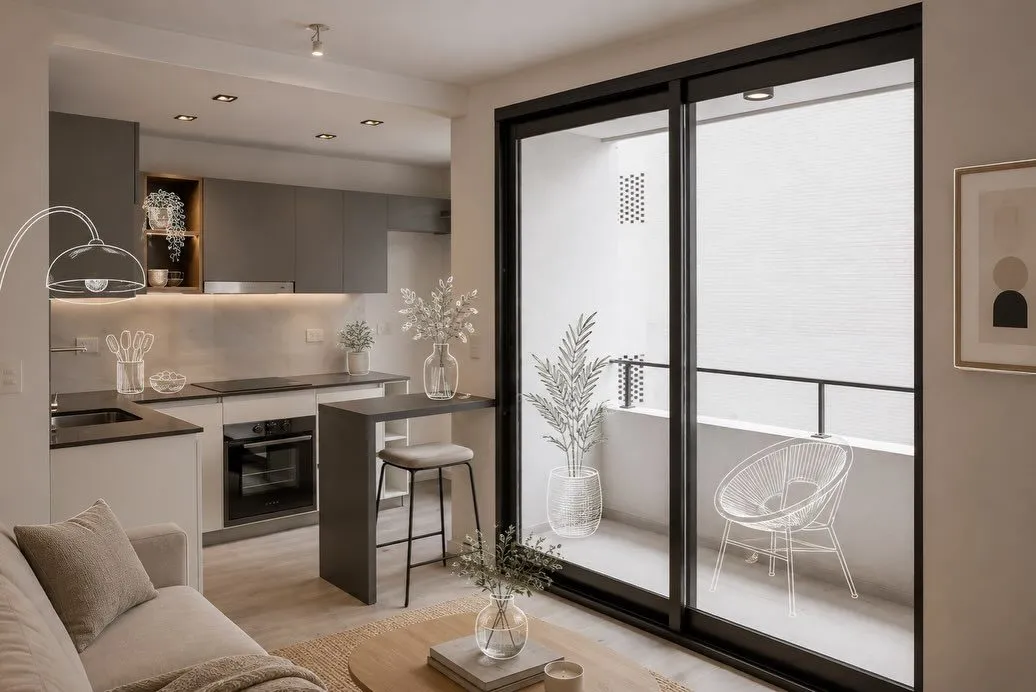 Cocina y living de un dos ambientes