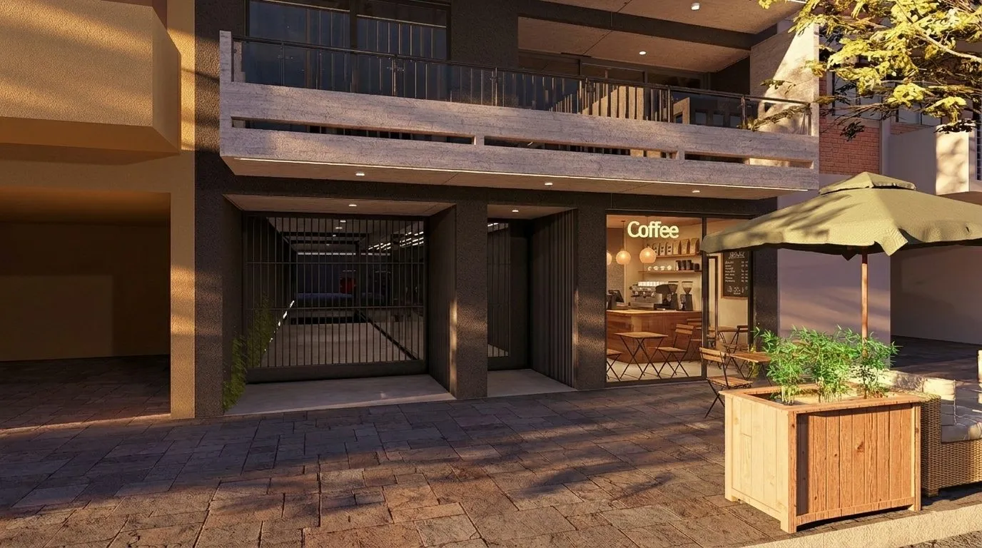 Render del acceso y local comercial