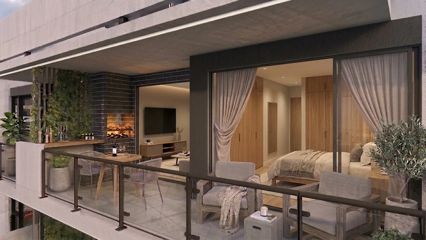 Render del balcón con parrilla
