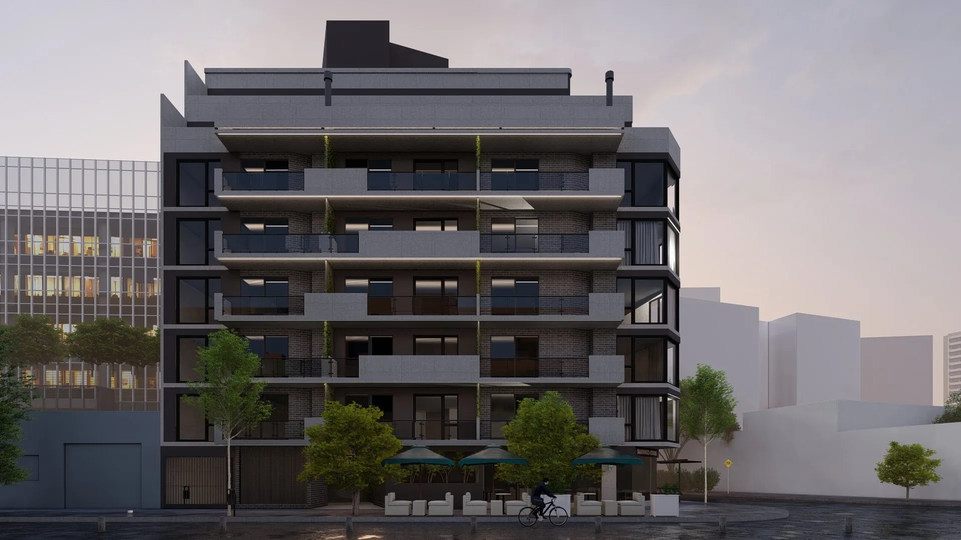 Render del frente al atardecer