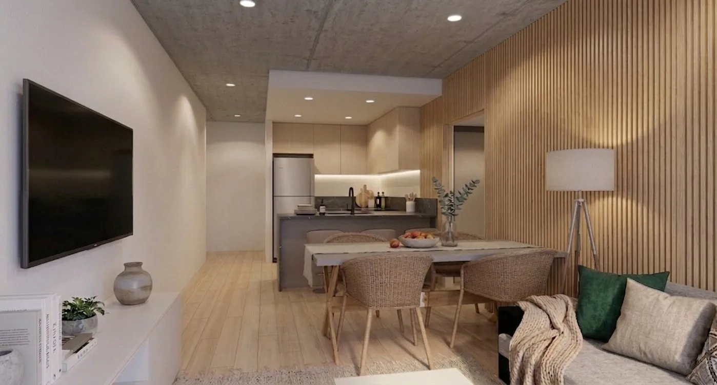 Render del living comedor con cocina integrada