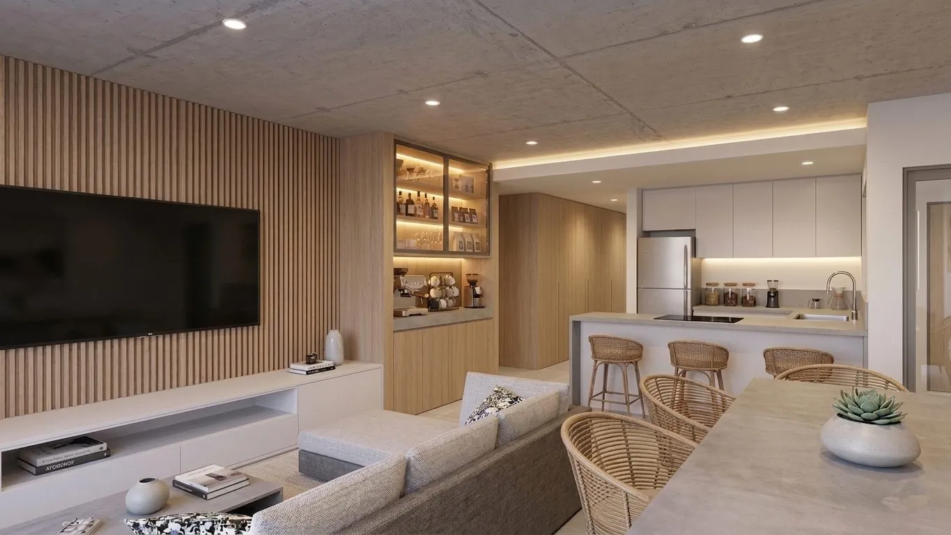 Render del living comedor con cocina integrada