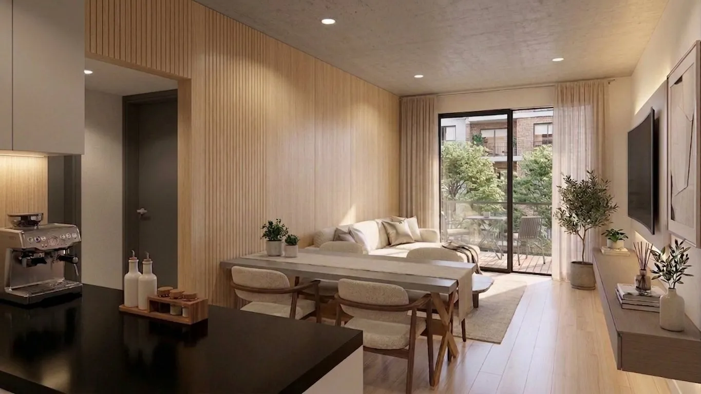 Render del living con salida al balcón