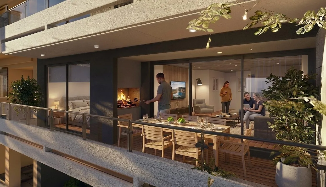 Render de terraza con parrilla